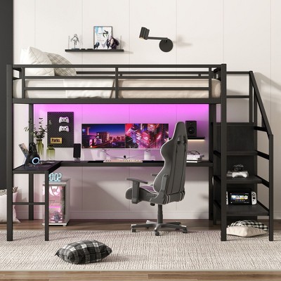 NicBex Loft Bed with L-Shaped Desk & USB,Metal Bunk Bed with Wardrobe,LED & Adjustable Shelves,High Loft Bed for Teens,Adults