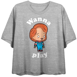 Chucky Wanna Play Double Sided Women's Athletic Heather Crop Tee- - 1 of 4