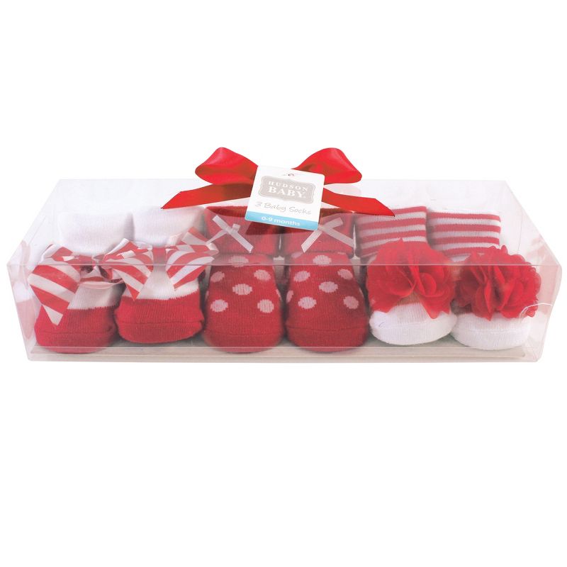 Hudson Baby Infant Girl Socks Boxed Giftset, Red White Stripe, One Size, 3 of 7