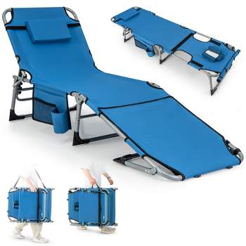 Costway Outdoor Folding Chaise 5-Position Lounge Chair with Face Hole &Adjustable Footrest Blue/Black/Beige