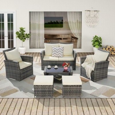 6-Piece All-Weather Wicker Patio Set: Sofa + Ottoman + Tempered Glass Coffee Table for Garden & Backyard