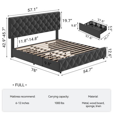 Upholstered Queen Platform Bed Frame with 4 Storage Drawers, PU Leather with Button Tufted, Wooden Slats Support, No Box Spring Needed, Noise-Free