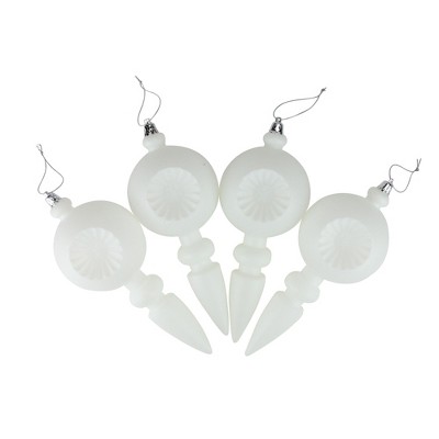 Northlight 4ct White Retro Reflector Shatterproof Matte Christmas Finial Ornaments 7.5"