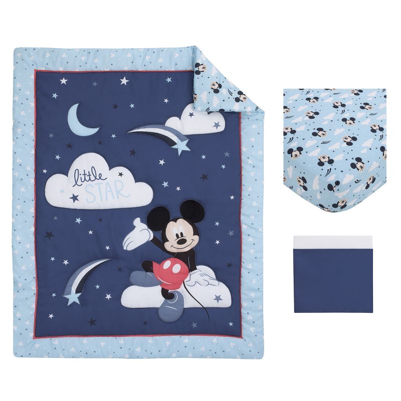 Disney Mickey Mouse Little Star Blue, Navy and White Cloud Moon and Stars 3 Piece Nursery Crib Bedding Set, 5 of 8