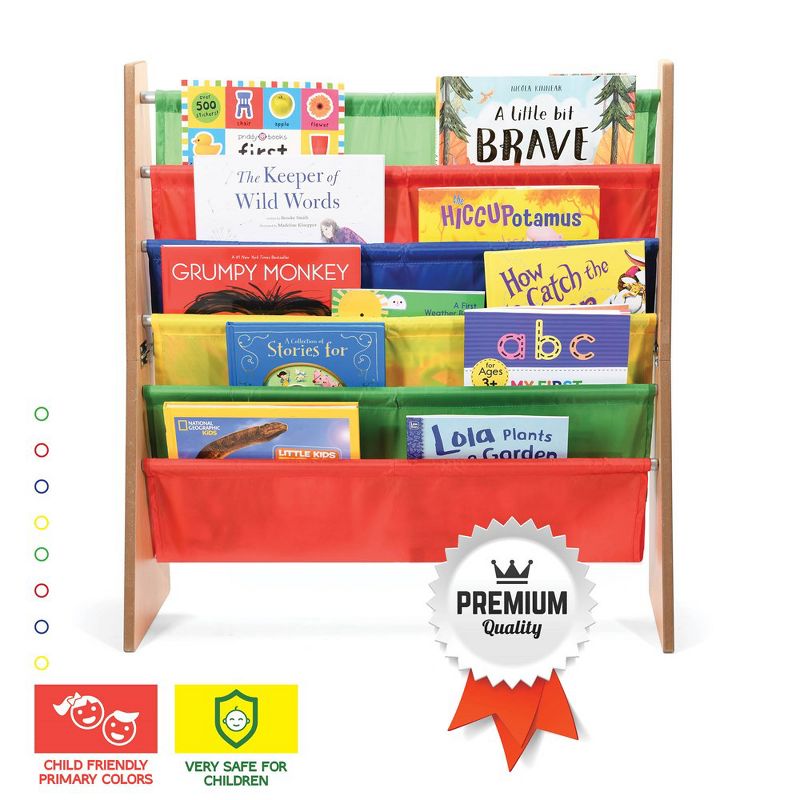 Toddler Book Shelf Organizer - Wooden Kids Book Case Storage & Magazine Rack with 5 Multicolored Nylon Fabric Shelves - Easy-to-Reach Kids Bookshelf, 5 of 8