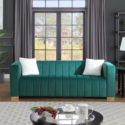 Modern Velvet Long Sofa,87”Channel Tufted Sofa Couch,Luxury 3 Seater Couch With Pillows & Gold Legs,Lounge Sofa Furniture-Cuddlewood