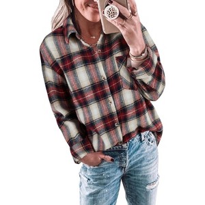 Imily Bela Classic Plaid Shirt for Women Soft Long Sleeve Casual Blouse Tops - 1 of 4
