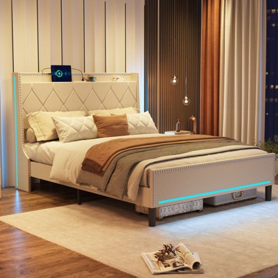 Upholstered Platform Bed Frame with LED Lights & Charging Station, Off-White