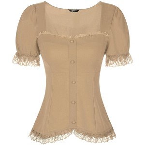 INSPIRE CHIC Women's Square Neck Solid Color Puff Short Sleeve Lace Up Gothic Blouse - 1 of 4