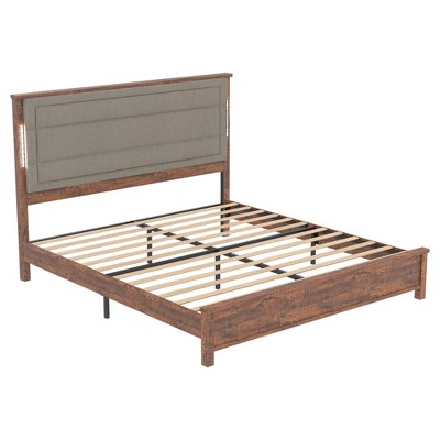 NicBex Queen/King Size Bed Frame with Upholstered Headboard,LED and Charging Station for Adults/Boys/Girls,Brown+Gray