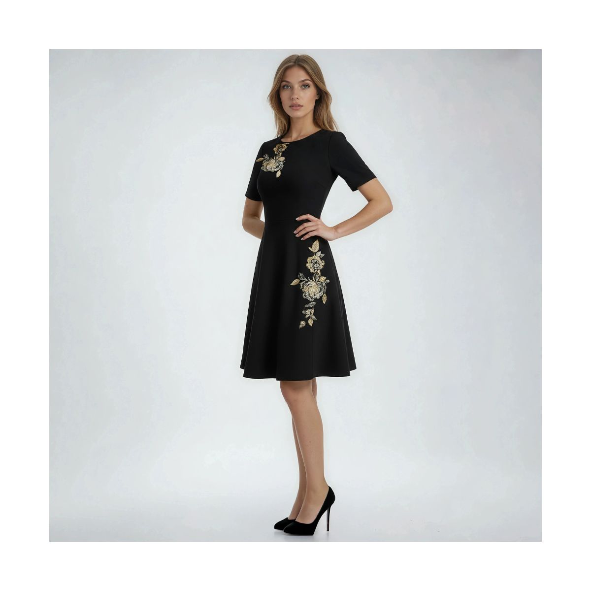 RENE RUIZ SHORT SLV A-LINE CREPE COCKTAIL W/ SIDE POCKETS & FLORAL EMB/BEAD APPLIQUES - thumbnail 4