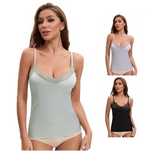 INSPIRE CHIC Women's Lace Trim Silk Satin V Neck Cami Vest Adjustable Spaghetti Strap Sleeveless Camisoles 3 Packs - 1 of 4