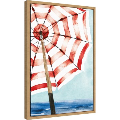Red and White Striped Umbrella Beach Scene Canvas Art