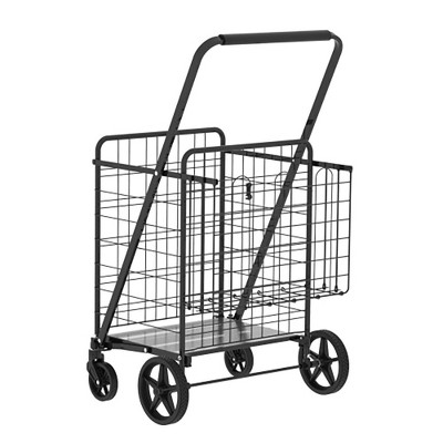 Large Shopping Cart,Grocery Cart On Wheels, Foldable Utility Shopping Carts With Double Basket And 360 Rolling Swivel Wheels For Groceries Laundry