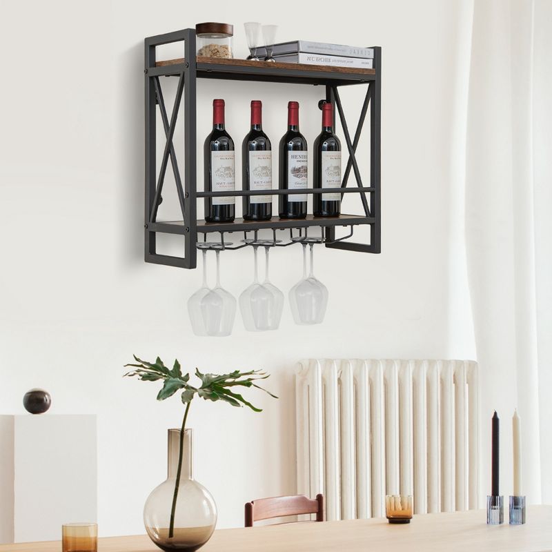 Costway Wall Mounted Wine Rack Industrial 2-Tier Wood Shelf with 3 Stem Glass Holders, 2 of 8