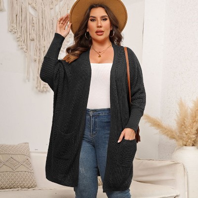 Womens Plus Size Cardigan Long Sleeves Mid Length Knit Sweater Open Front Casual Coat With Pockets