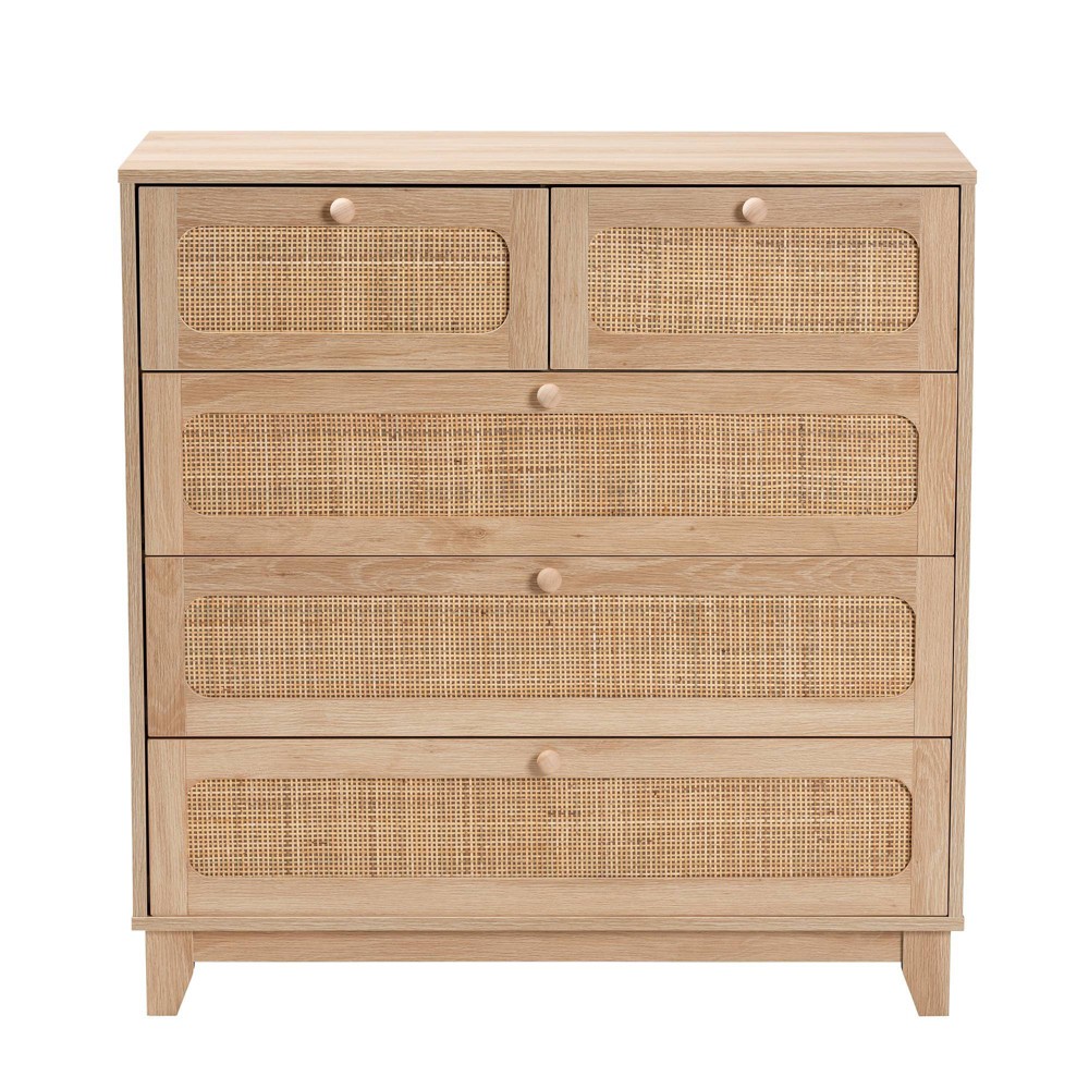 Photos - Dresser / Chests of Drawers Elsbeth Wood and Natural Rattan 5 Drawer Storage Cabinet Oak Brown/Natural