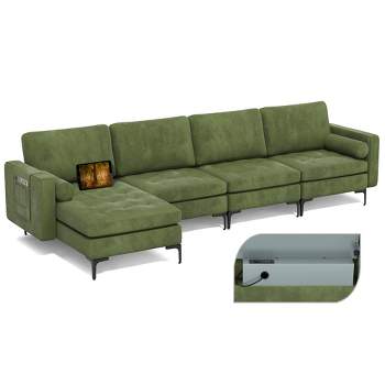 Costway Modular Extra-Large 4 Seat Sectional Sofa with Reversible Chaise & 2 USB Ports Army Green
