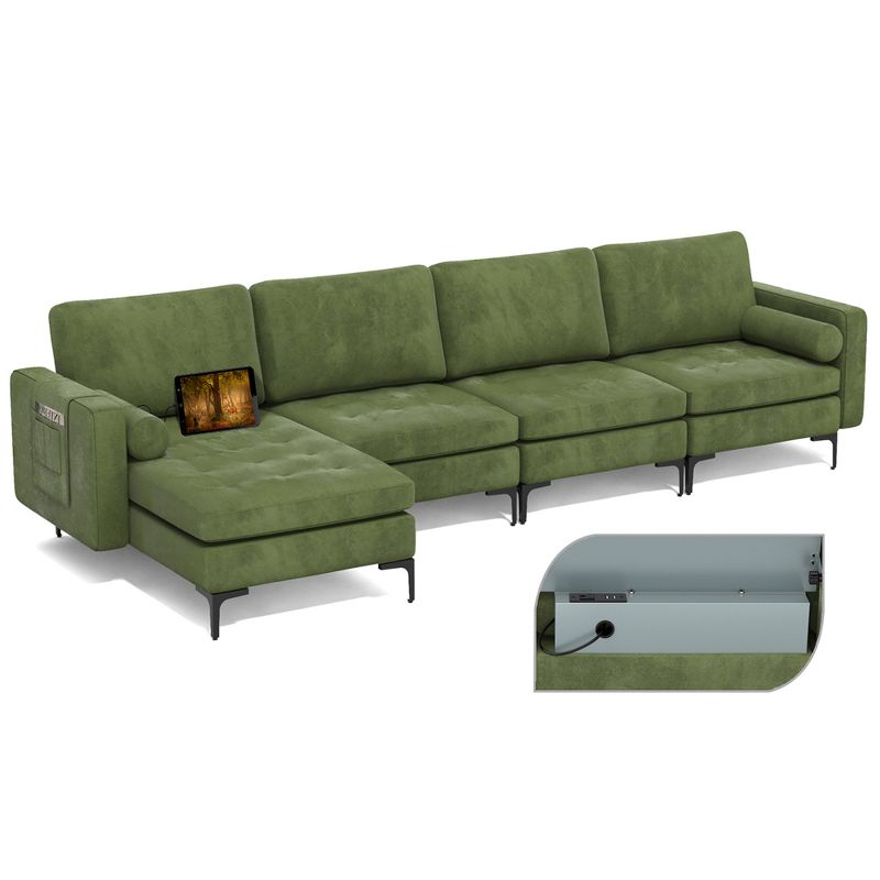 Costway Modular Extra-Large 4 Seat Sectional Sofa with Reversible Chaise & 2 USB Ports Army Green, 1 of 11