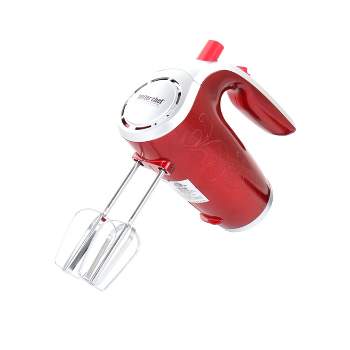 Betty Crocker 7 Speed Hand Mixer with Stand Chrome Beater and Hooks, Red