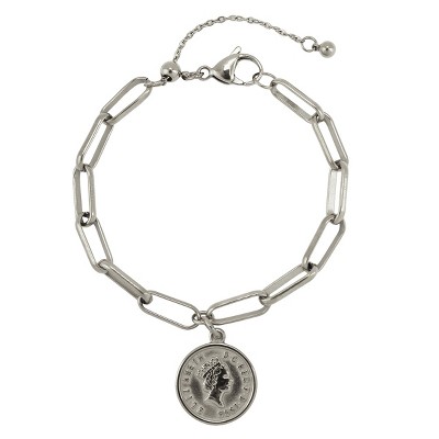 Slate by Rebl Paperclip Coin Dangle Charm Chain Bracelet  Stainless Steel
