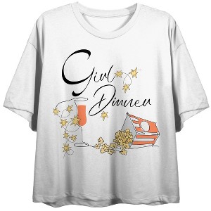 Girl Dinner Popcorn & Wine Glass Crew Neck Short Sleeve Women's White Crop Top - 1 of 3