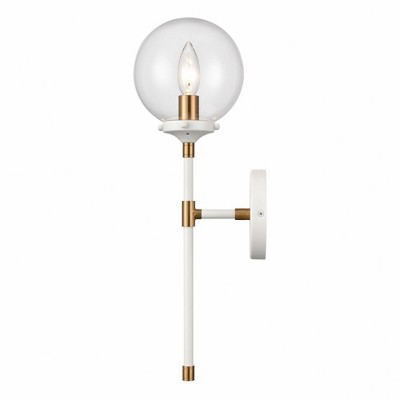 Matte White and Satin Brass Dimmable Wall Sconce with Clear Glass Shade
