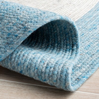 Ivory and Blue Round Braided Wool Area Rug, 5' x 5'