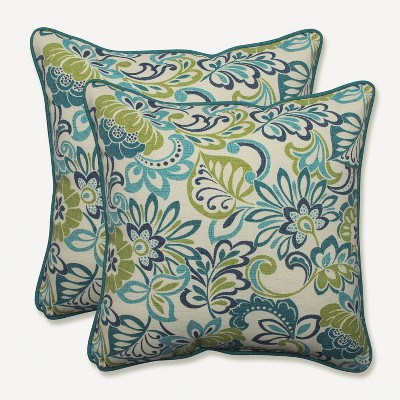 Zoe Blue and Green Floral Embroidered Outdoor Throw Pillows Set