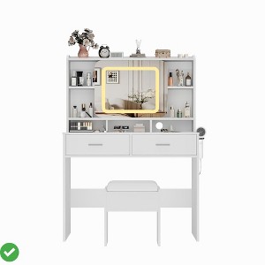 Dressing Table White Glam Vanity Set w/ Sliding Mirror & Stool Vanity Desk w/ Mirror Features 3-Color - 1 of 4