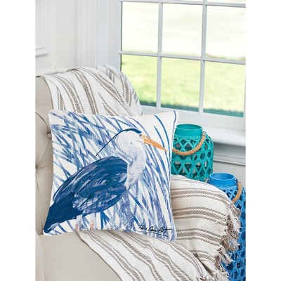 Blue and White Heron Coastal Graphic Detail Indoor/Outdoor Throw Pillow