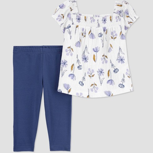 Carter's 2-Piece Set Girls Blue Striped Top Floral Pants Outfit