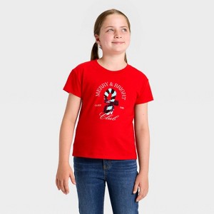 Girls' Short Sleeve Christmas 'Candy Cane' Flip Sequin T-Shirt - Cat & Jack™ Red - 1 of 4