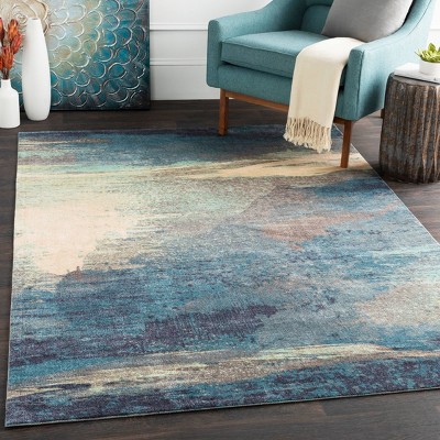 Aqua Blue Abstract Synthetic 2'6"x8' Modern Runner Rug