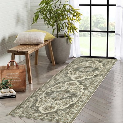 Machine Washable Faux Wool Vintage Floral Printed Area Rug Ultra Thin Low Pile Non Slip Non Shedding Indoor Carpet