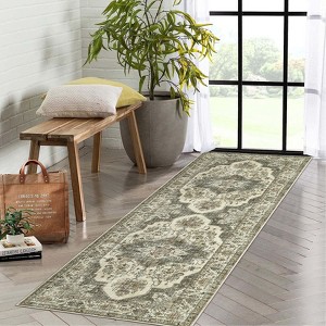 Machine Washable Faux Wool Vintage Floral Printed Area Rug Ultra Thin Low Pile Non Slip Non Shedding Indoor Carpet - 1 of 4