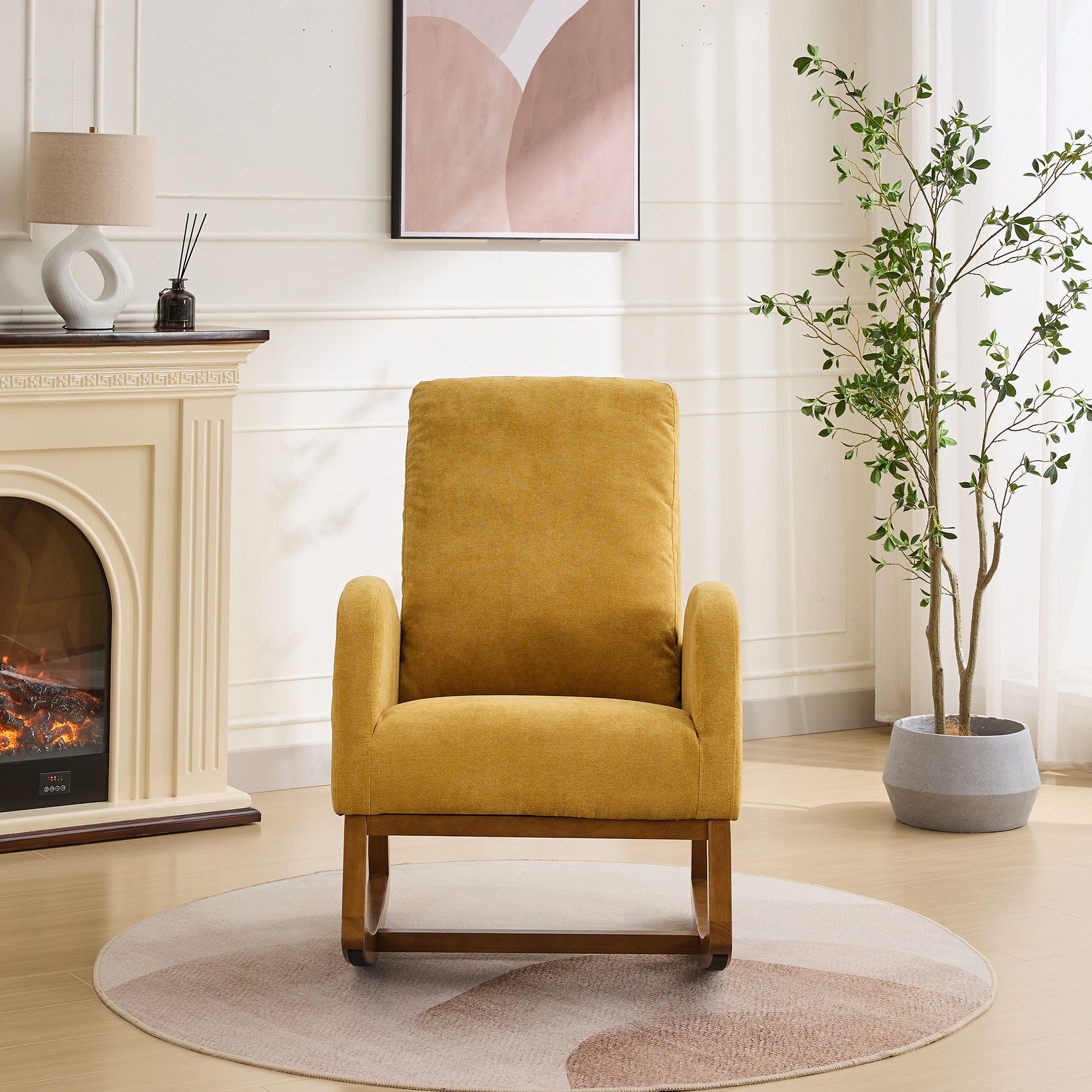 TiramisuBest 27.2"W Nursery Rocking Chair, High Back Polyester Glider with Side Pocket & Rubber Wood Rocking Legs for Living/Bedroom,Mustard