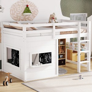 Twin/Full Size Loft Bed House Kids Loft Bed Frame with Double-Sided Sliding Chalkboard, Bookshelf & Safety Guardrails - ModernLuxe - 1 of 4