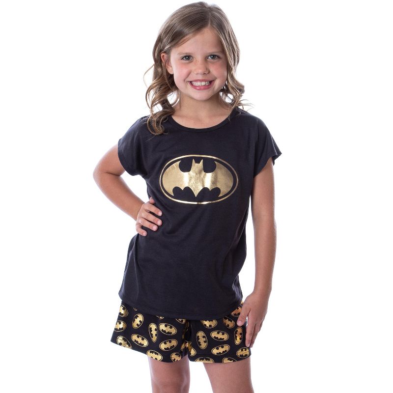 DC Comics Batgirl Superhero Gold Foil Logo Girls Short Sleeve Pajama Set Black, 1 of 5