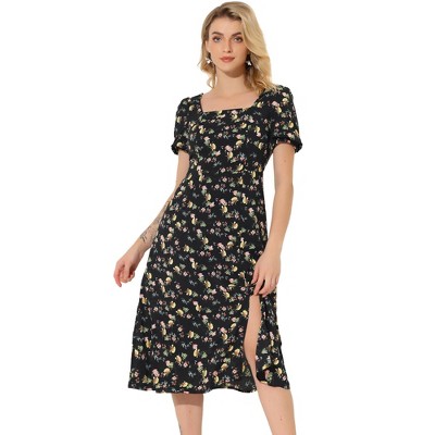 Allegra K Women's Summer Floral Square Neck Puff Short Sleeve Split Midi Dress
