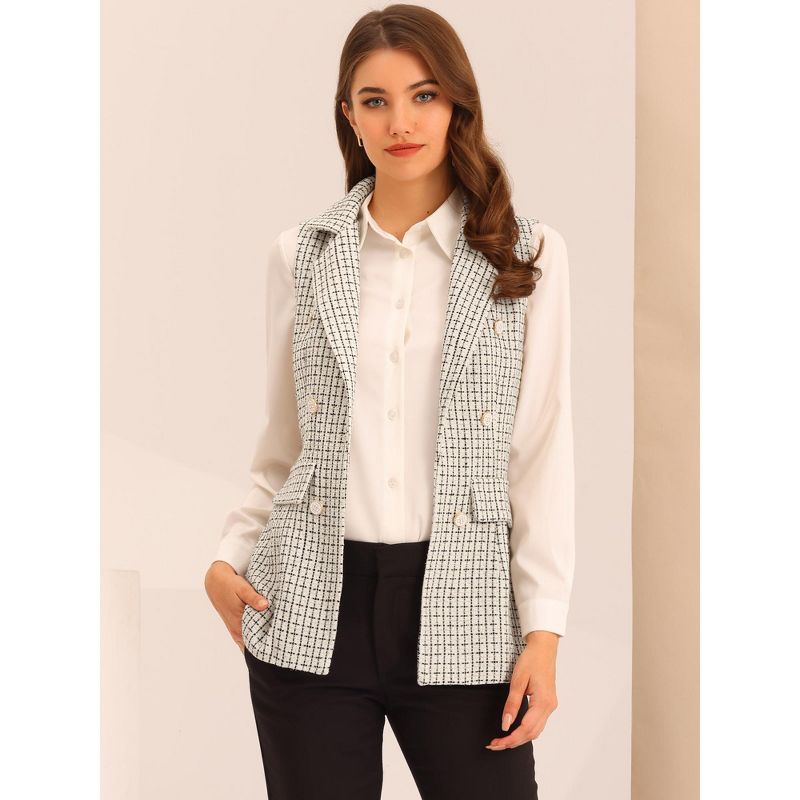 Allegra K Women's Vintage Tweed Open Front Plaid Sleeveless Office Blazer Vest, 2 of 7