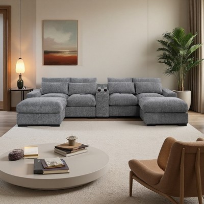U-Shaped Flannel Velvet Sectional Sofa with Cupholder Console & Ottomans