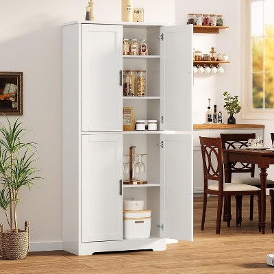 70" Tall White Pantry Cabinet, 4-Door Freestanding Storage Cupboard with Adjustable Shelves