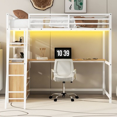 PAGED Full Size Loft Bed Simple Modern Wooden Bed Frame with Desk, Shelves, LED and Guardrail for Bedroom