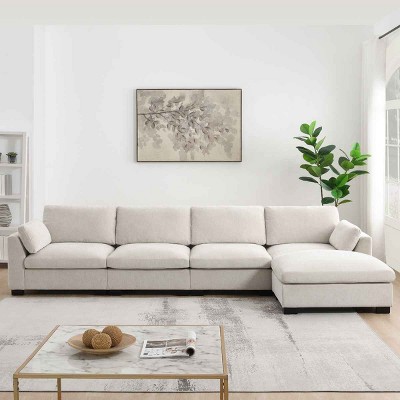 130 Inch L-Shaped Sectional Sofa with Ottoman, Sofa with Folding Table and Side Storage Pockets, Chenille Sofa with Wood Frame-Coolbibila