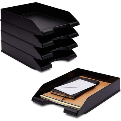 Stockroom Plus 4 Pack Black Stackable Paper Trays, Plastic Desktop File Document Letter Holder Organizers, Desk Office Supplies