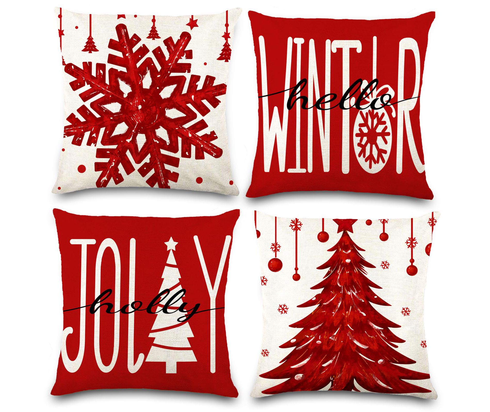 4PCS Christmas Pillow Covers 18x18 inch Winter Throw Pillow Covers Red Merry Christmas Tree Snowflake