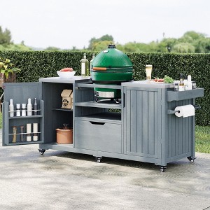 Whisen 66.5" Outdoor Kitchen Island for Egg-shaped Grills, Solid Wood Outdoor Grill Cart with Stainless Steel Top - 1 of 4