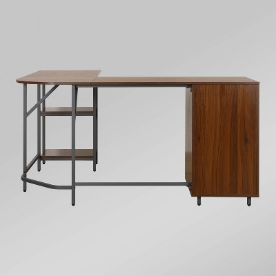 Rustic Walnut Wood Corner Gaming Desk with Drawer Storage