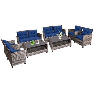 Tangkula 8 PCS Patio Rattan Furniture Set Coffee Table Cushioned Sofa Garden Lawn Navy